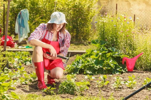 Sustainable garden features including drip irrigation and composting