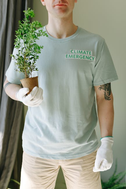 A person standing indoors holding a small potted shrub with green foliage and a thin trunk. They are wearing a light grey T-shirt with the text 'CLIMATE EMERGENCY' printed on it, white gloves, and bei